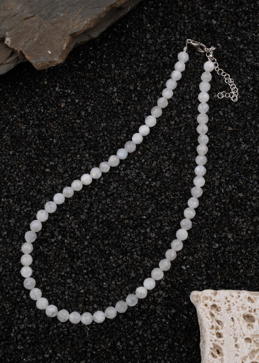 6mm Faset Kesim Ay Taşı Doğal Taş Gümüş Kolye