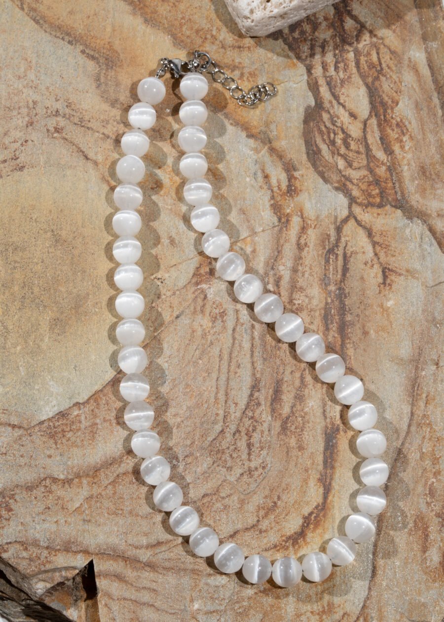 8mm Selenit Doğal Taş Gümüş Kolye