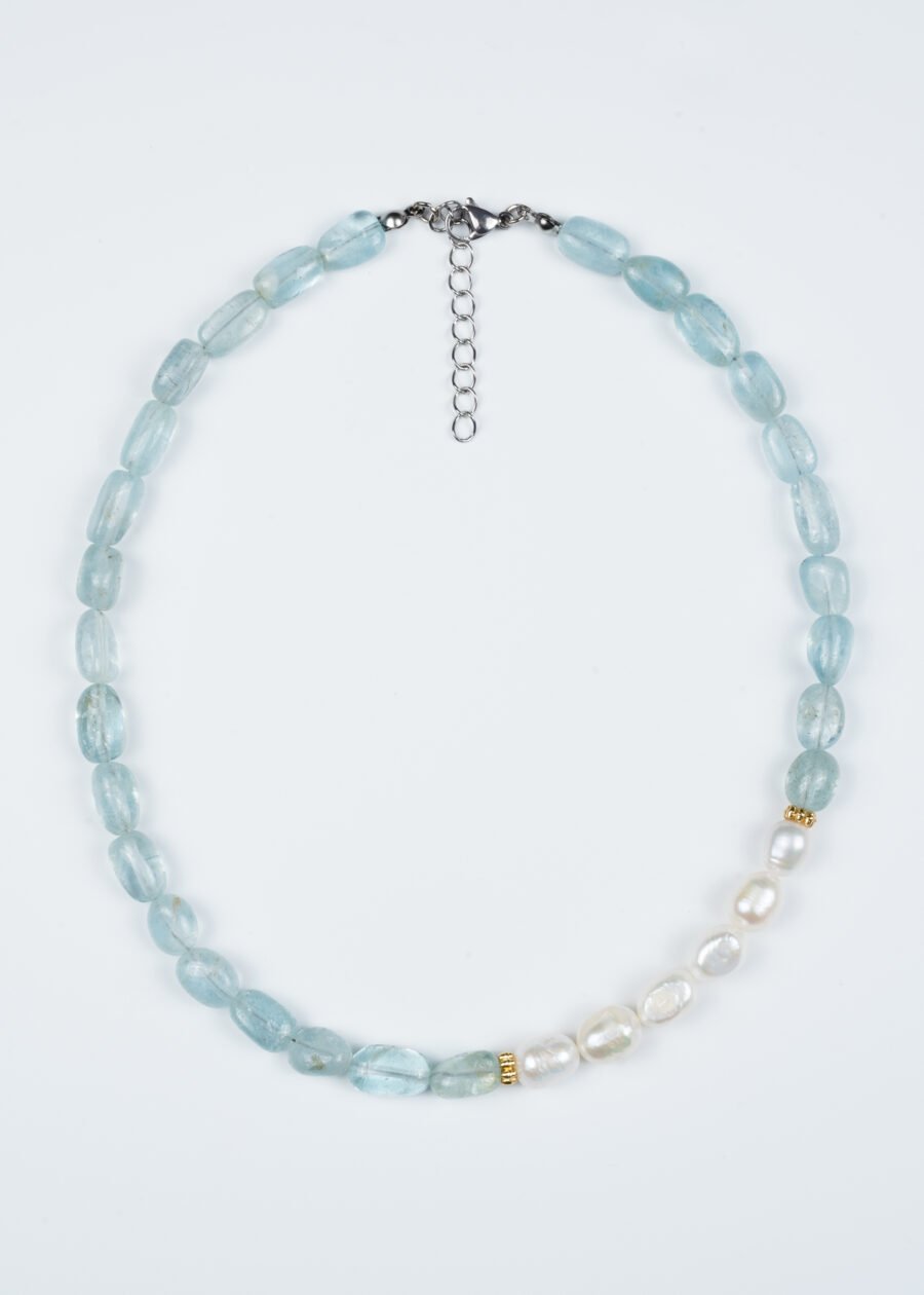 Akuamarin & İnci Doğal Taş Gümüş Kolye