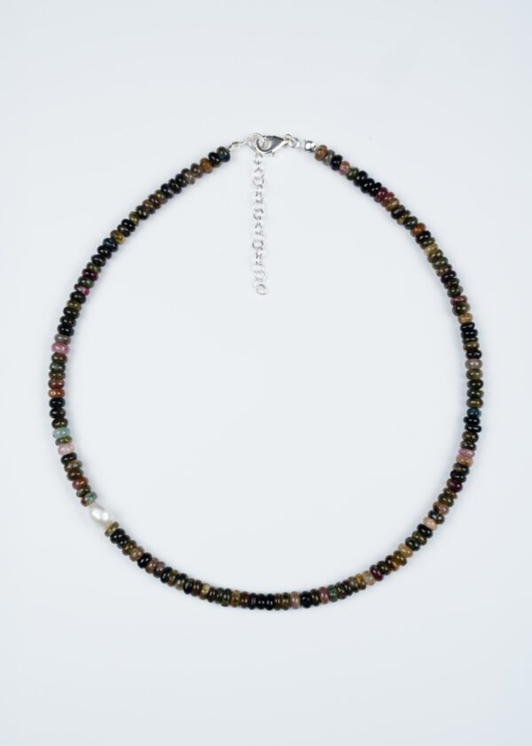 İnci Detaylı Rondel Kesim Turmalin Doğal Taş Gümüş Kolye - Görsel 3