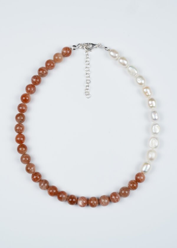 8mm Güneş Taşı & İnci Doğal Taş Gümüş Kolye