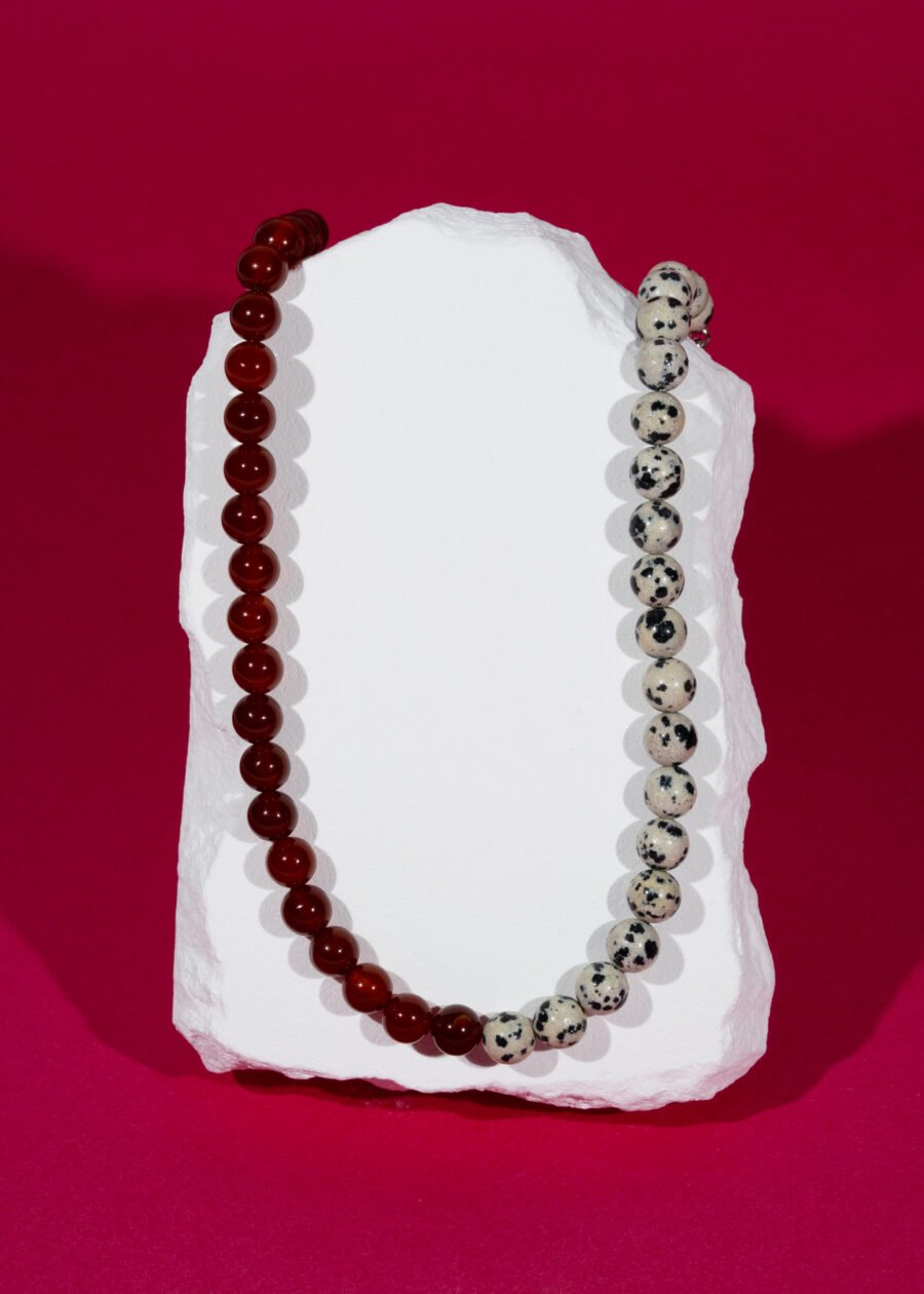 8mm Benekli Jasper & Karnelyan Akik Doğal Taş Gümüş Kolye