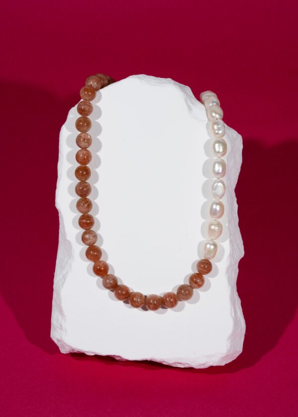 8mm Güneş Taşı & İnci Doğal Taş Gümüş Kolye