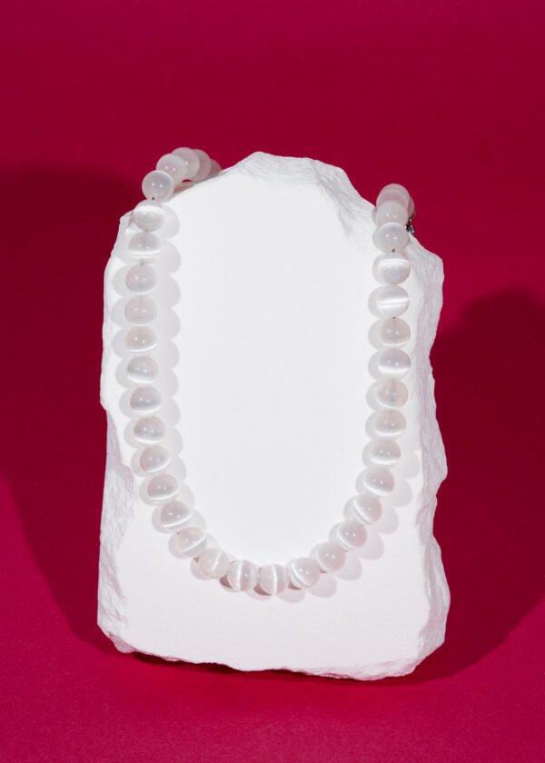 8mm Selenit Doğal Taş Gümüş Kolye - Görsel 4