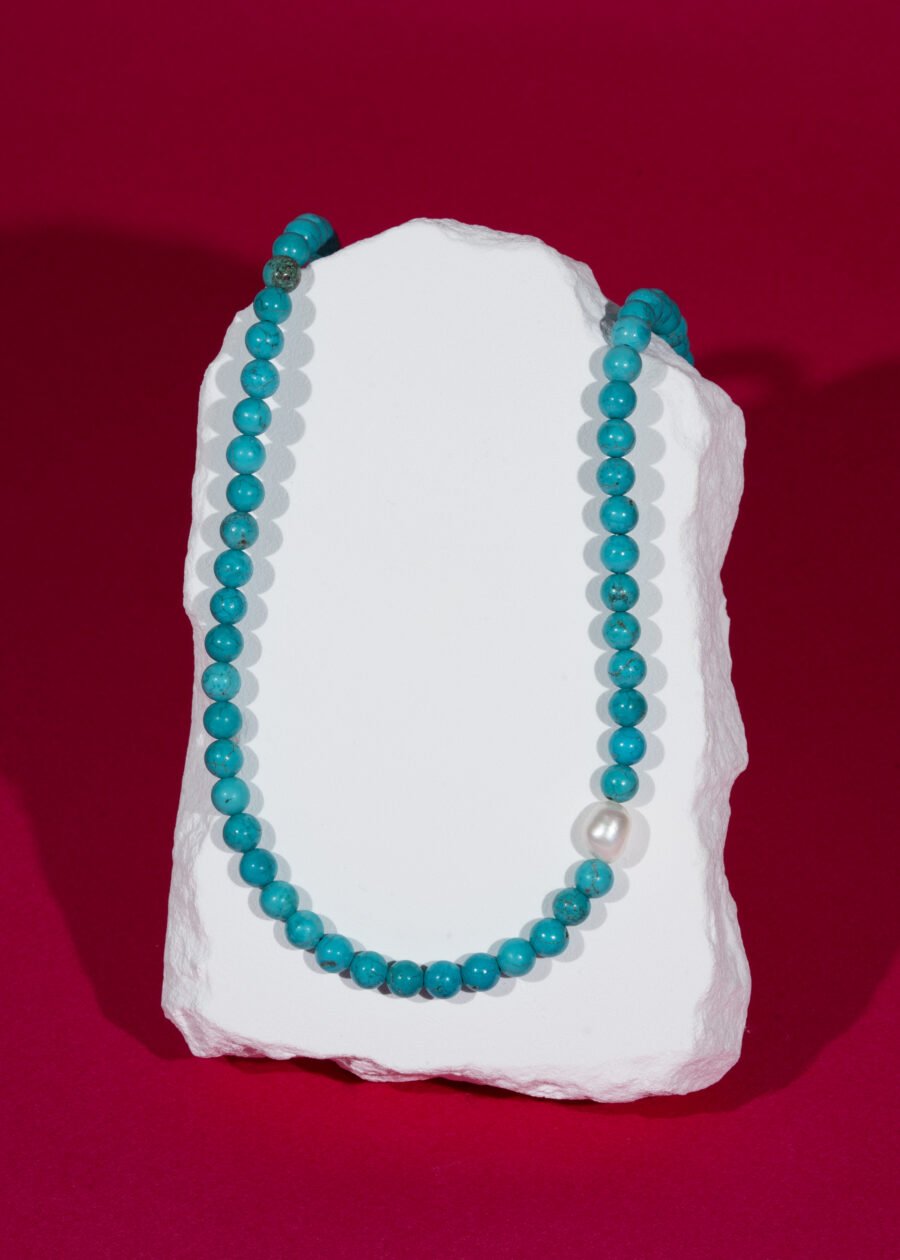 İnci Detaylı Turkuaz Doğal Taş Gümüş Kolye