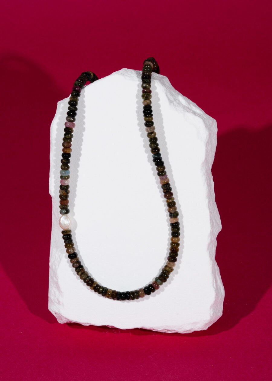 İnci Detaylı Rondel Kesim Turmalin Doğal Taş Gümüş Kolye