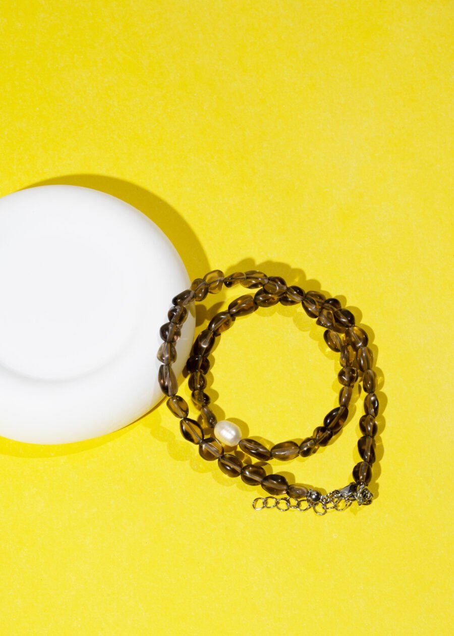 İnci Detaylı Dumanlı Kuvars Doğal Taş Kolye