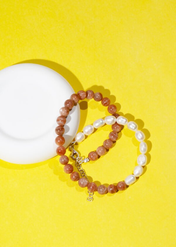 8mm Güneş Taşı & İnci Doğal Taş Gümüş Kolye