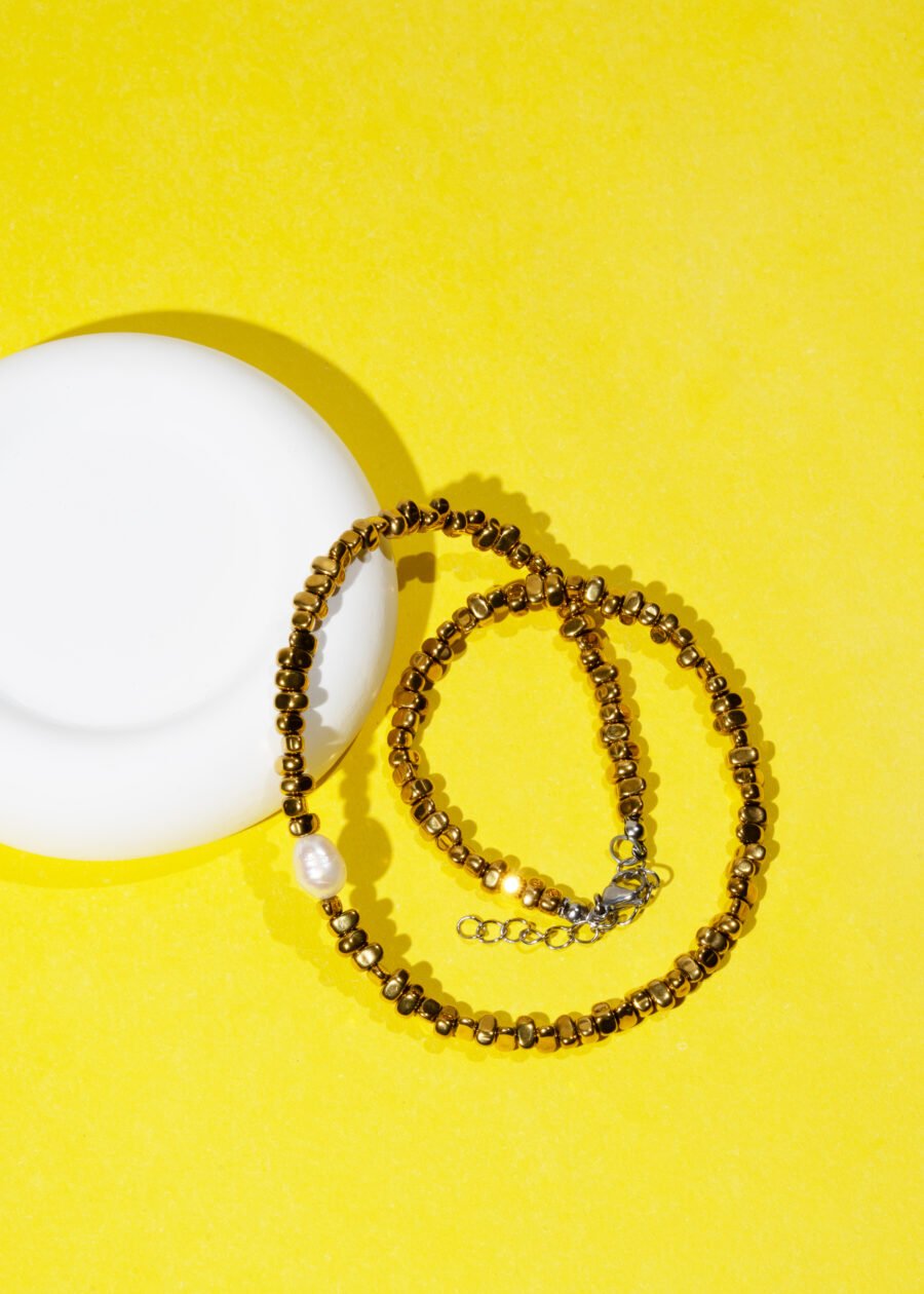 İnci Detaylı Hematit Doğal Taş Kolye