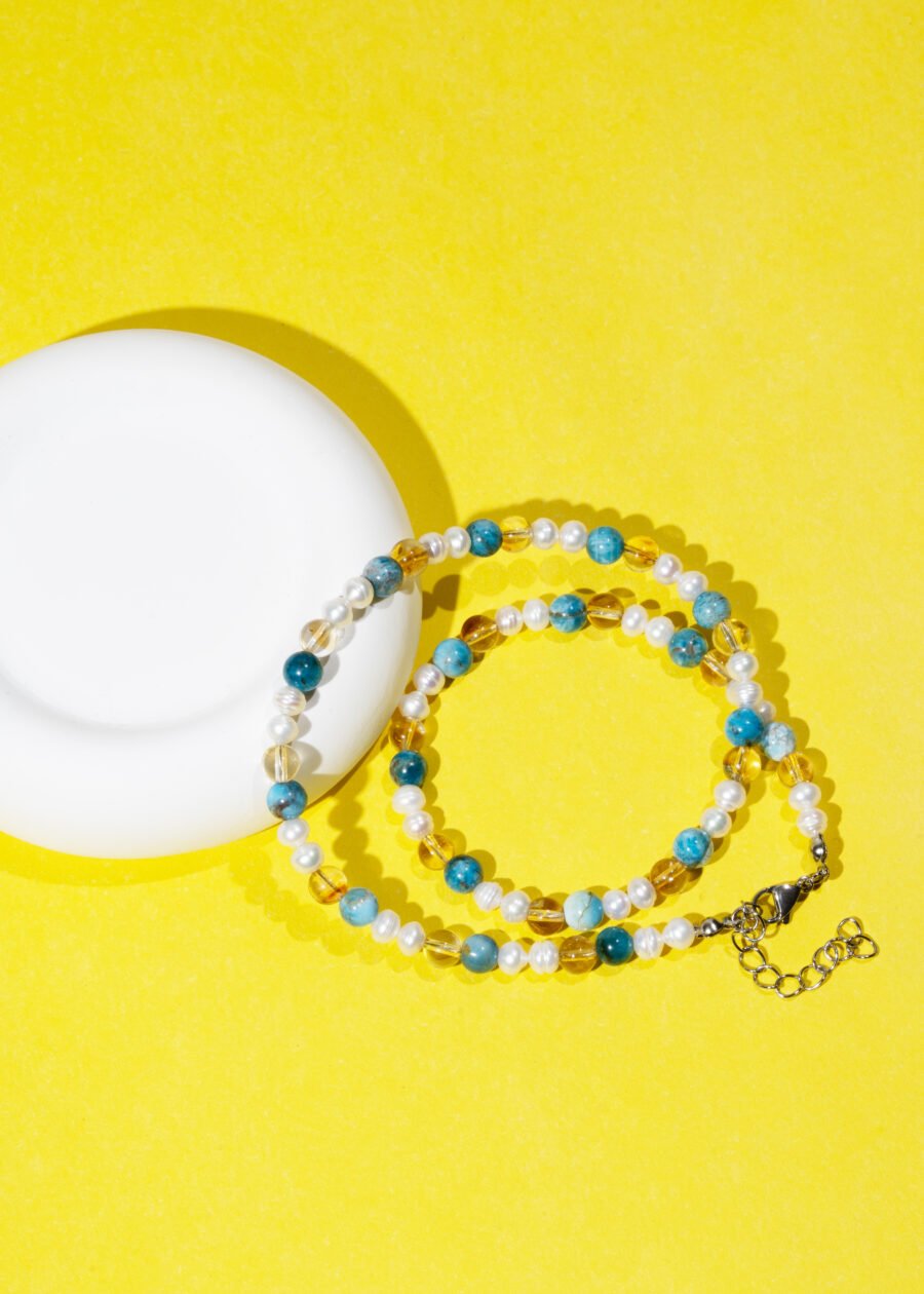 6mm Apatit & Sitrin & İnci Detaylı Doğal Taş Gümüş Kolye