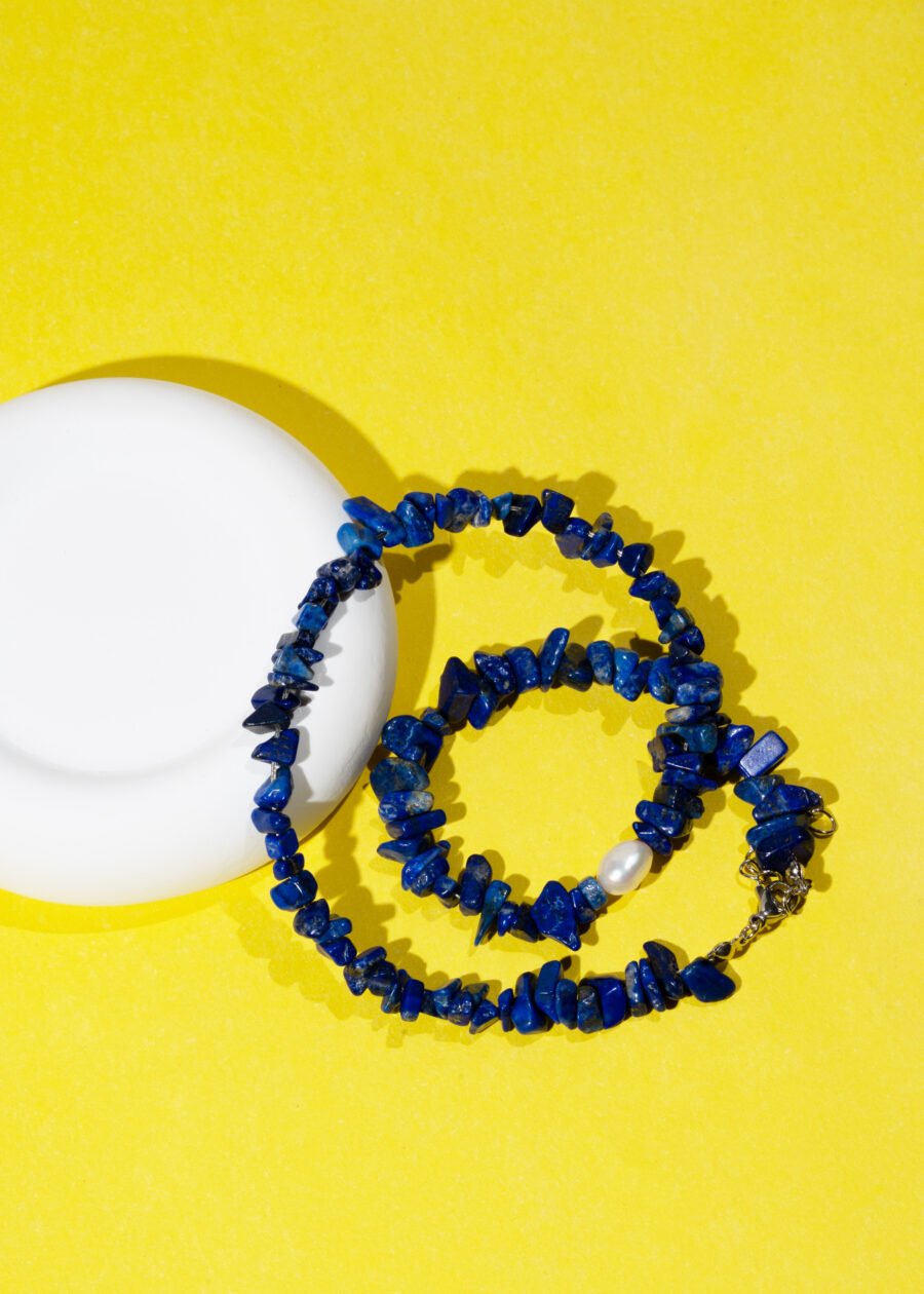 İnci Detaylı Kırıktaş Lapis Lazuli Doğal Taş Kolye