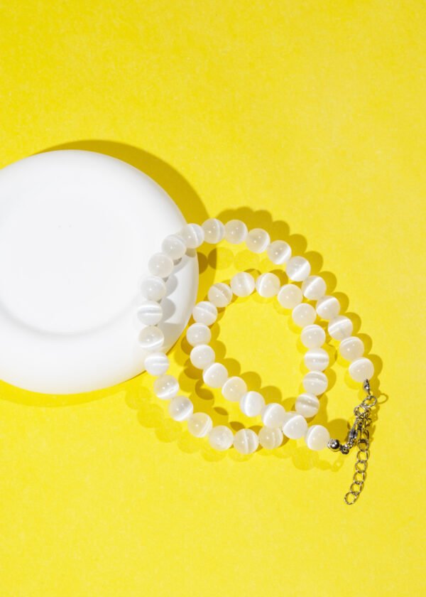 8mm Selenit Doğal Taş Gümüş Kolye