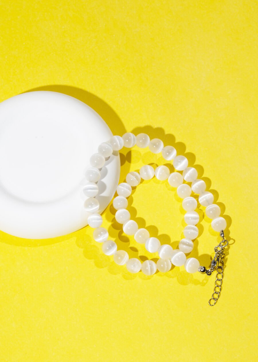 8mm Selenit Doğal Taş Gümüş Kolye