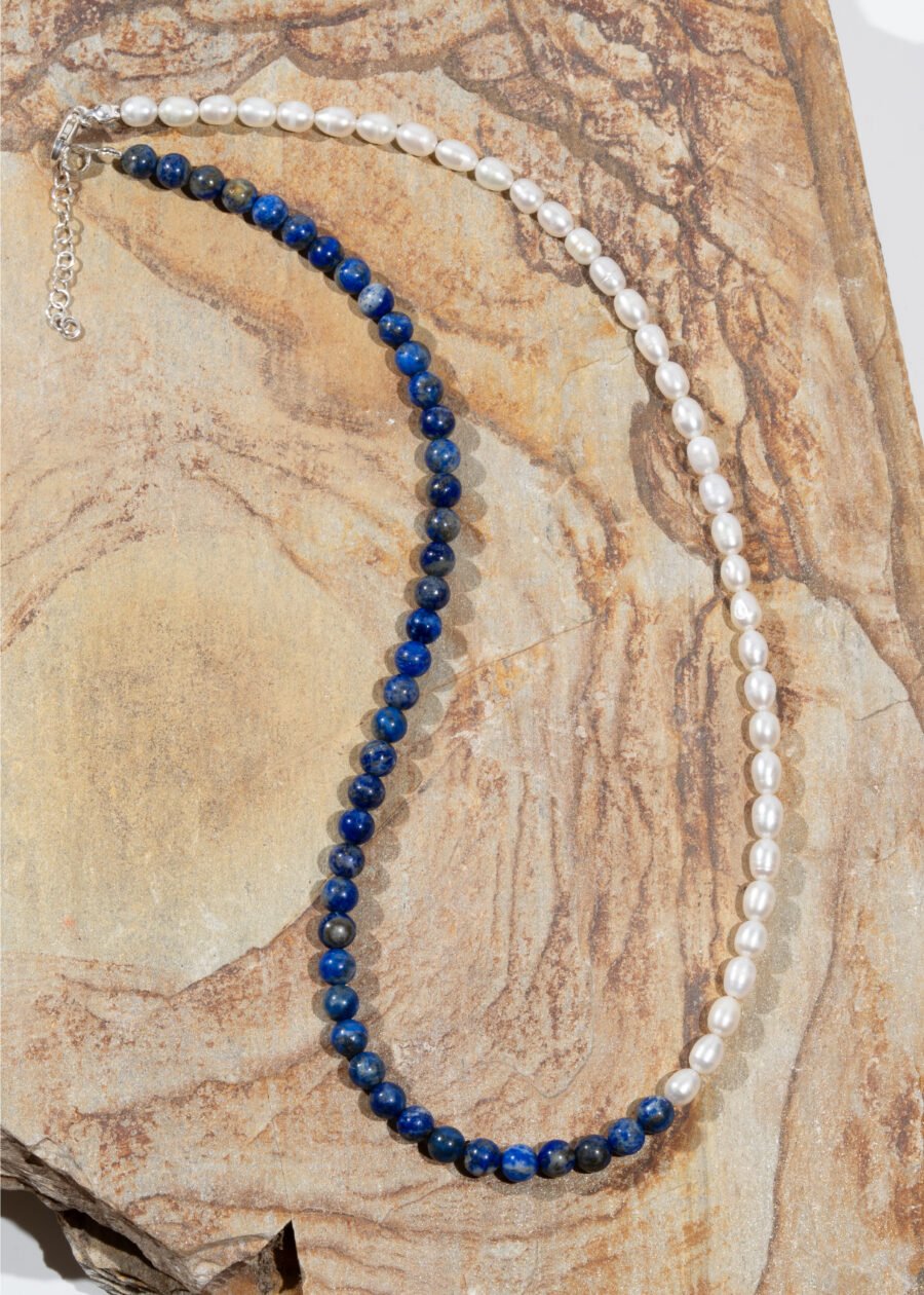 6mm Lapis Lazuli & İnci Doğal Taş Gümüş Kolye