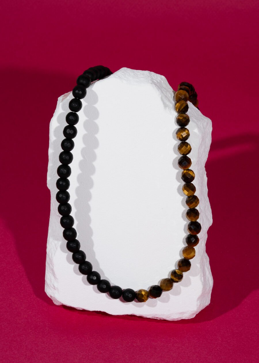 8mm Faset Kesim Kaplan Gözü & Oniks Doğal Taş Gümüş Kolye