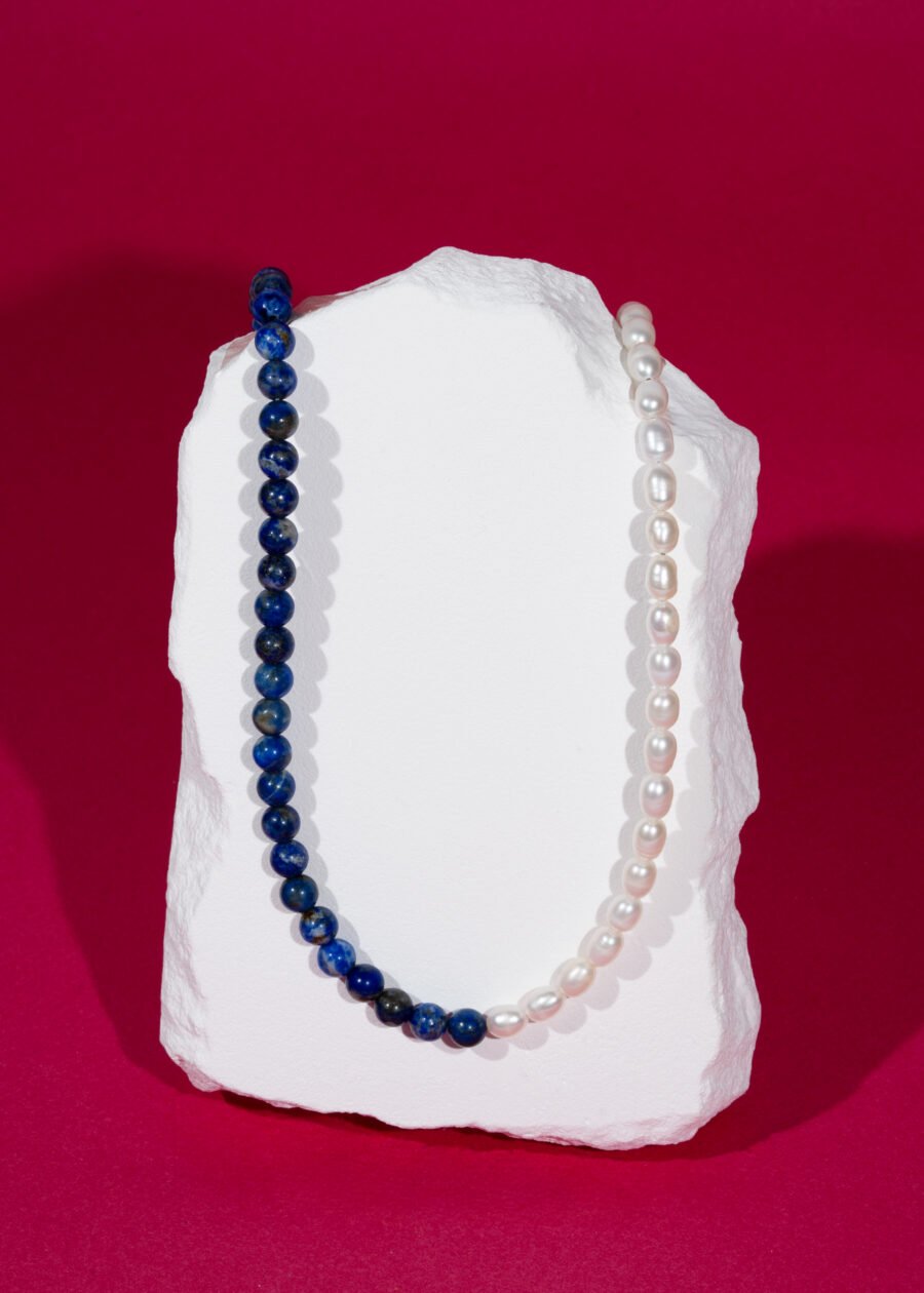 6mm Lapis Lazuli & İnci Doğal Taş Gümüş Kolye