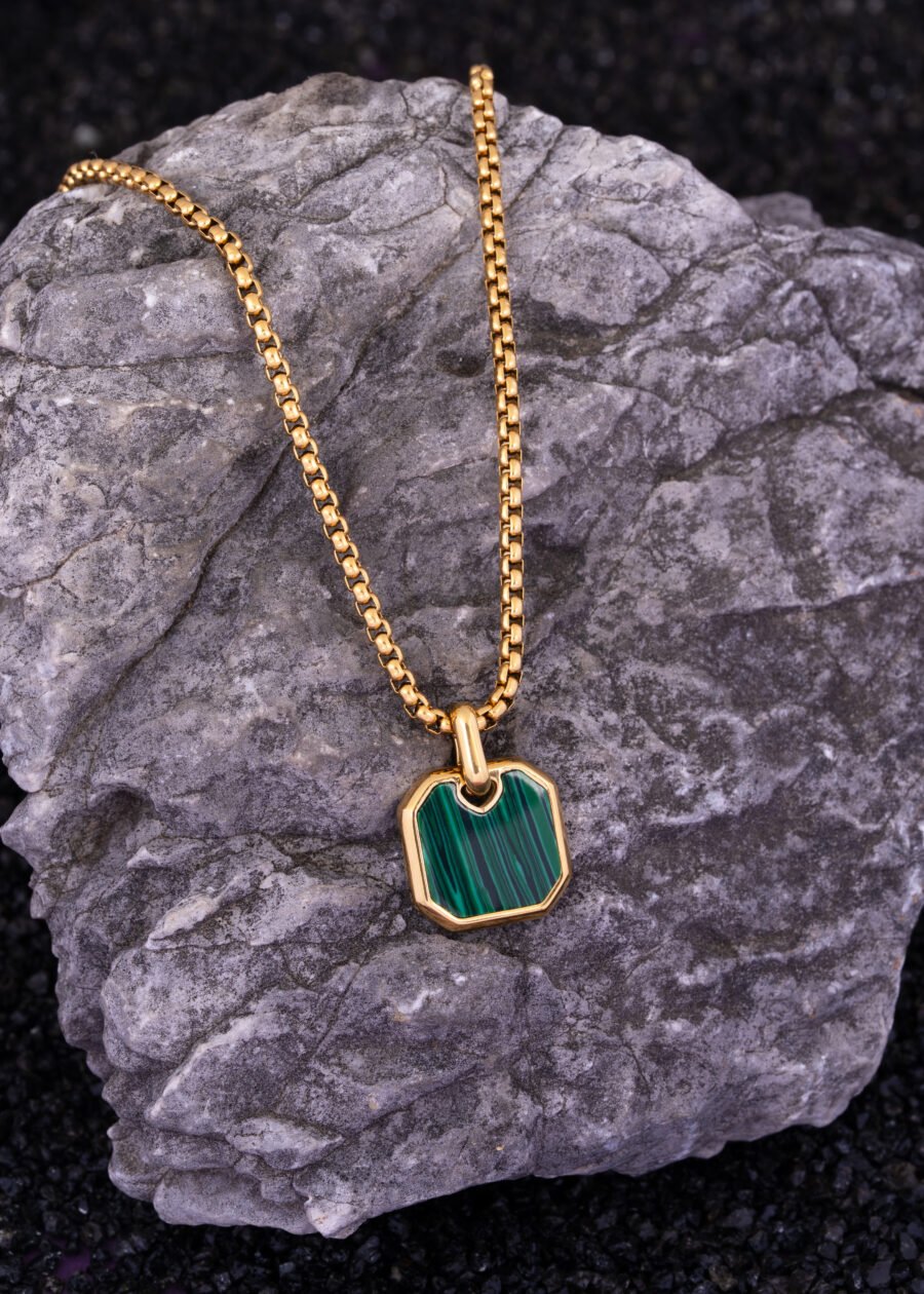 Malakit Doğal Taş Premium 316L Çelik Altın Kaplama Kolye