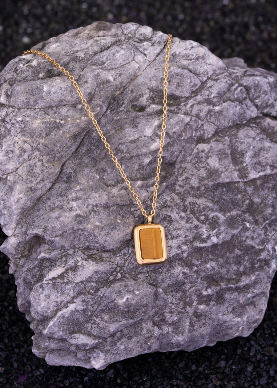 Dikdörtgen Form Kaplan Gözü Doğal Taş Premium 316L Çelik Altın Kaplama Kolye