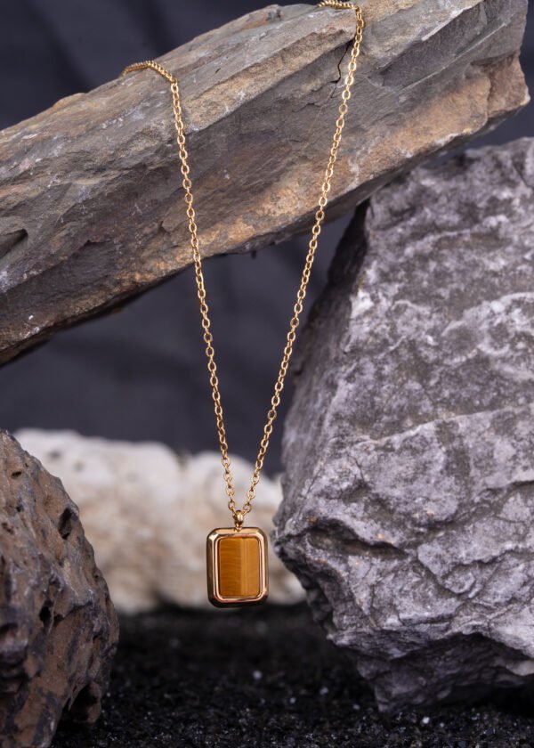 Dikdörtgen Form Kaplan Gözü Doğal Taş Premium 316L Çelik Altın Kaplama Kolye