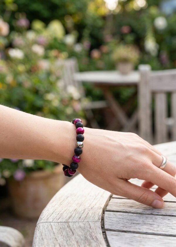 8mm Pembe Kaplan Gözü & Lav Taşı Doğal Taş Bileklik - Görsel 3